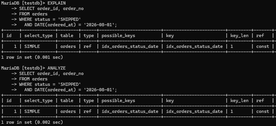MariaDB EXPLAIN ANALYZE의 인덱스 적용 전후 비교