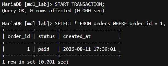 세션 A에서 START TRANSACTION 실행 후 orders 테이블 SELECT 결과