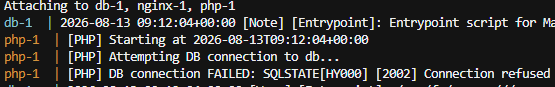 09:12:04에 PHP가 시작되어 MariaDB 접속을 시도했지만 Connection refused로 실패한 로그