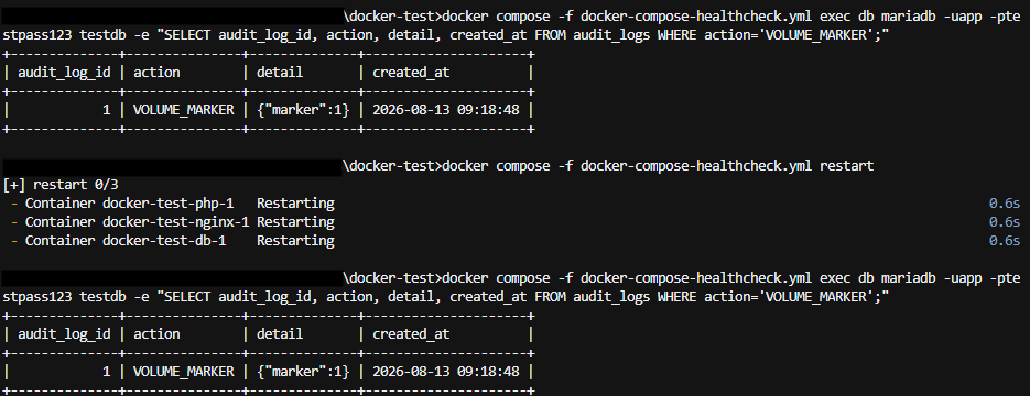 docker compose restart 전후에 같은 VOLUME_MARKER 행이 조회된 결과