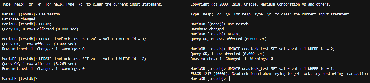 두 MariaDB 세션이 서로 반대 행을 기다리다가 deadlock 오류가 발생한 화면