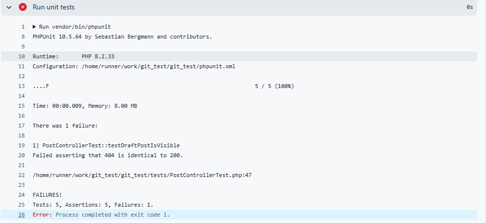 의도적으로 실패시킨 테스트 때문에 배포 전 품질 게이트가 중단된 GitHub Actions 화면