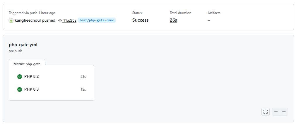 PHP 8.2와 8.3 matrix 작업 및 모든 품질 검사가 성공한 GitHub Actions 화면