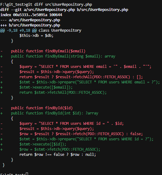 AI가 수정한 PHP 파일과 테스트 파일의 Git diff 검토 화면